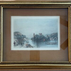 Framed Vintage French L’lle Barbe Island Landscape Lithograph in Gold & Velvet
